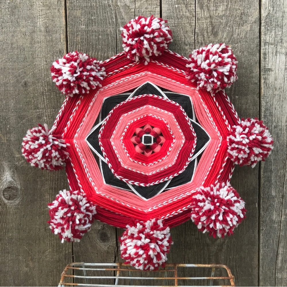 Vintage 70s God's Eye Mandala Yarn Art Pink Red Pompoms 18" Handmade